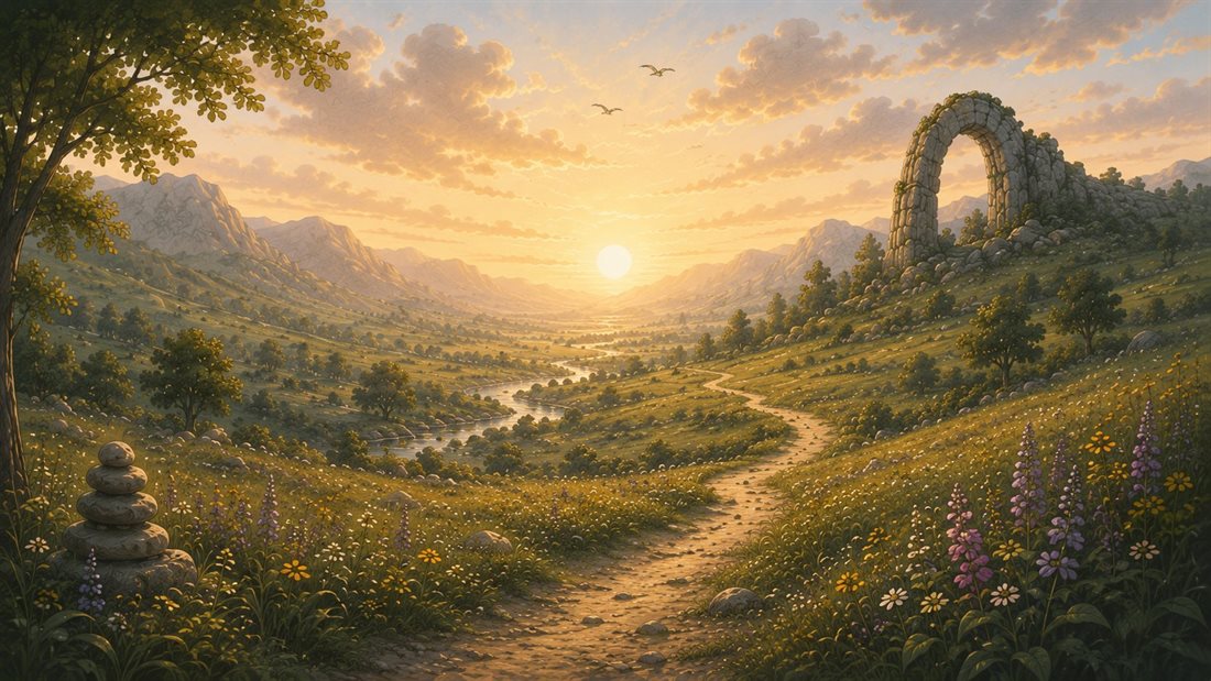 Illustration d'un paysage au lever du soleil — écran de fin d'étape de Thirty